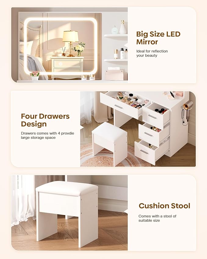 Makeup Vanity Desk Set, 35.4“Wx15.7”Dx53.9“H, White (Smart LED Mirror, with Cushion Stool, Hairdryer Rack, Power-Outlet, 4 Drawers, Open Shelves)