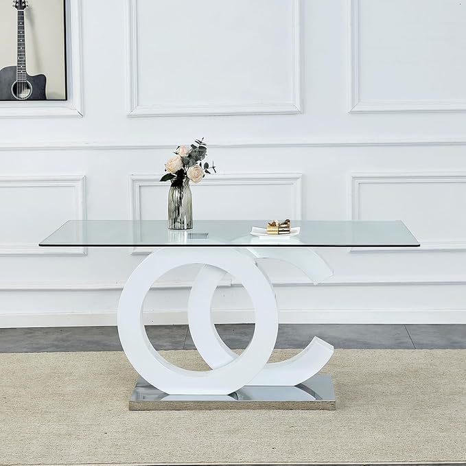 gopop 63'' Glass Dining Table, Modern Kitchen Table, Clear Glass Dinner Table with White Unique Design Leg and Silver Metal Base.(Only Table)