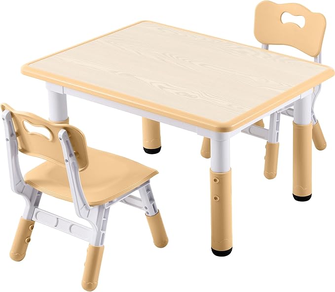 Kids Study Table and Chairs Set, Height Adjustable Toddler Table and Chair Set for Kids Ages 3-8, 31.5" L x 23.6" W Graffiti Desktop Plastic Children Art Table with 2 Seats, Brown
