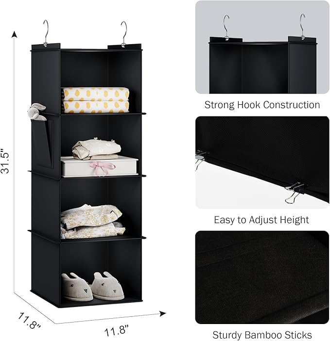 Hanging Closet Organizer, 4-Shelf Closet Hanging Storage Shelves, Black
