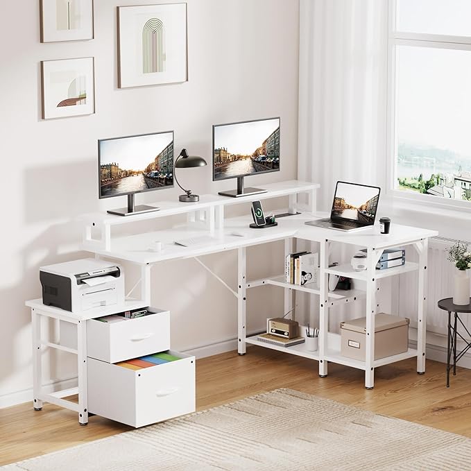 67'' L Shaped Computer Desk with Power Outlet, Large Reversible Computer Gaming Desk, Home Office Desks with File Drawers & Shelves, All White