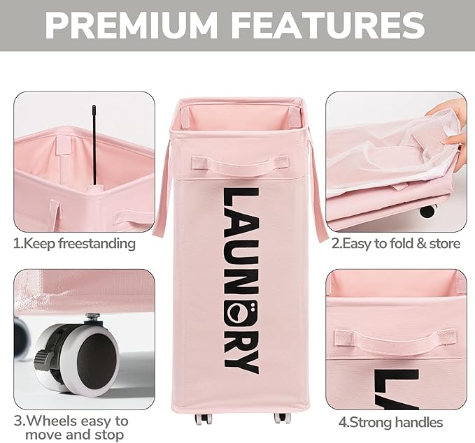 Goodpick Laundry Basket with Wheels, Dorm Room Essentials for Girls, 75L Collapsible Laundry Basket, Pink Laundry Hamper with Handle for College Dorm