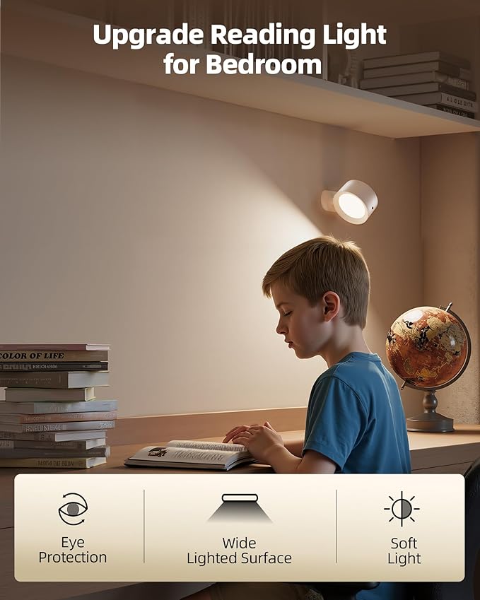 LED Wall Mounted Lights, Rechargeable Wall Sconces with Remote & Touch Control, 3 Color Temperatures 360° Rotation Dimmable Cordless Wall Light for Bedroom Study Reading Bedside (White, 3 Pack)