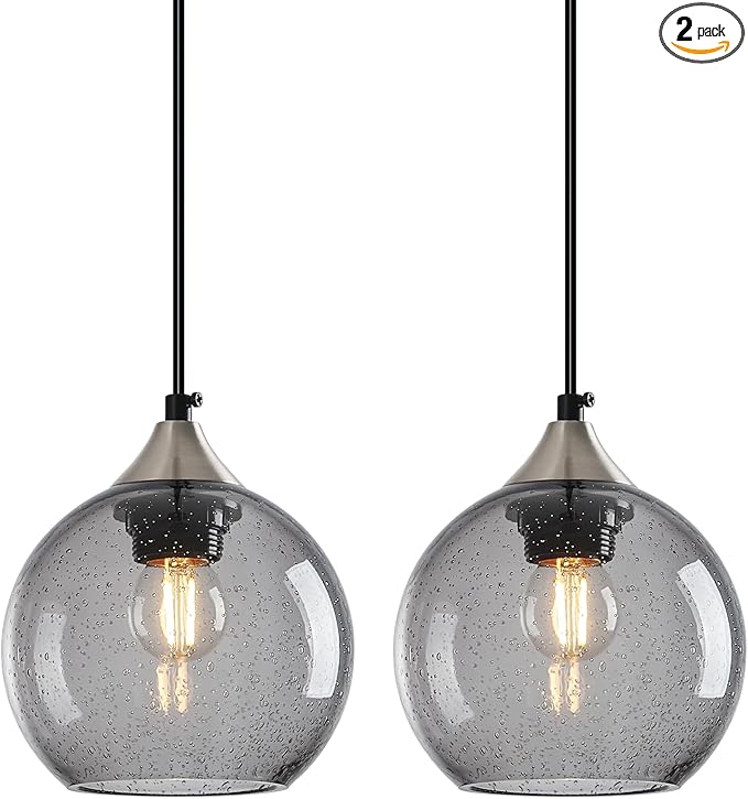 Light Grey Glass Pendant Lights Kitchen Island Globe Pendant Light Fixtures Modern Pendant Lighting for Bedroom Living Dining Room Light Fixture (5.9 in, 2 Pack)