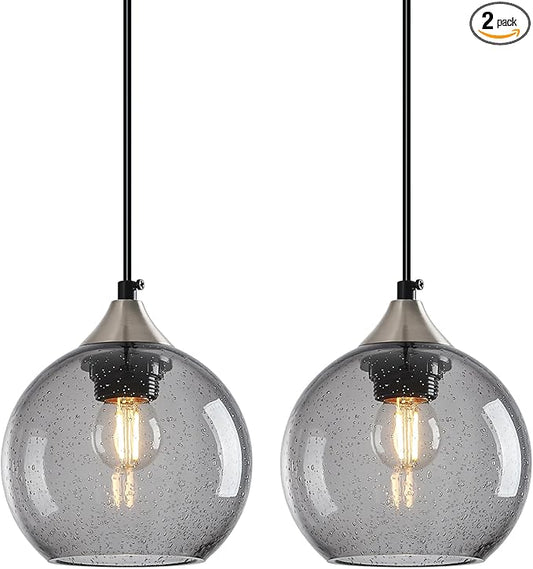 Light Grey Glass Pendant Lights Kitchen Island Globe Pendant Light Fixtures Modern Pendant Lighting for Bedroom Living Dining Room Light Fixture (5.9 in, 2 Pack)