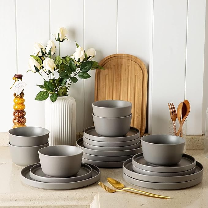 AmorArc Ceramic Dinnerware Sets for 4, Modern Flat Stoneware Plates and Bowls Sets,Chip and Crack Resistant | Dishwasher & Microwave Safe Dishes Set,Scratch Resistant- Service for 4 (12pc)-Matte Gray