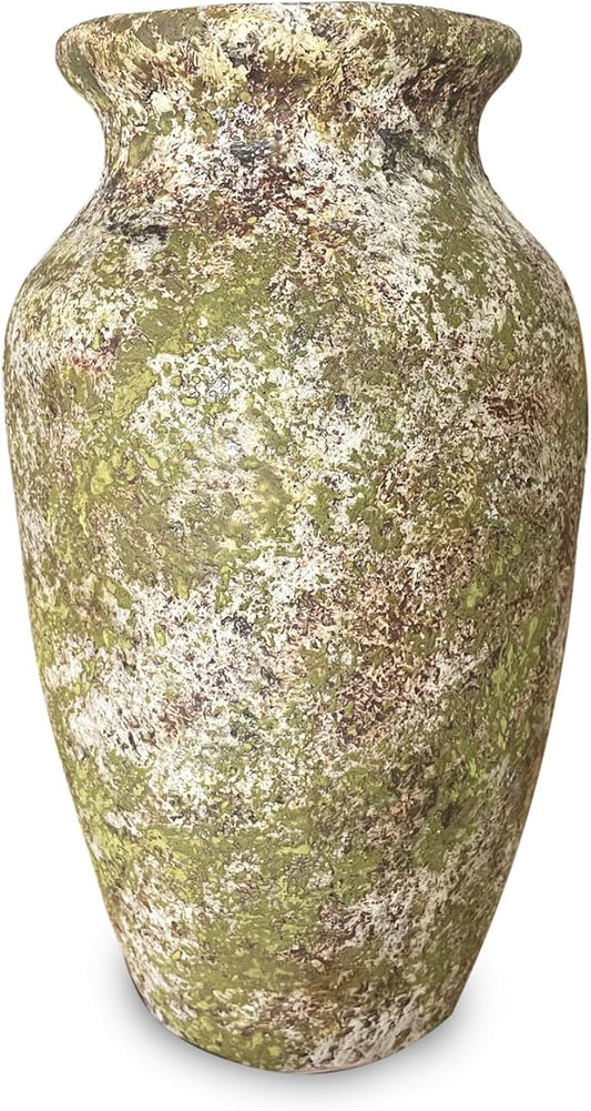 roro Handmade Green Mossy Classical Asian Antiquity Matte Rustic Ceramic Stoneware Vase, 7.5 inch Tall