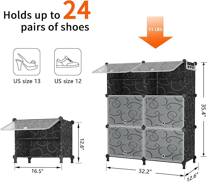 AWTATOS Shoe Rack, 6 Tier Shoe Storage Cabinet with Door, 24 Pair Shoe Organizer Shelves for Closet Hallway Bedroom Entryway, Black