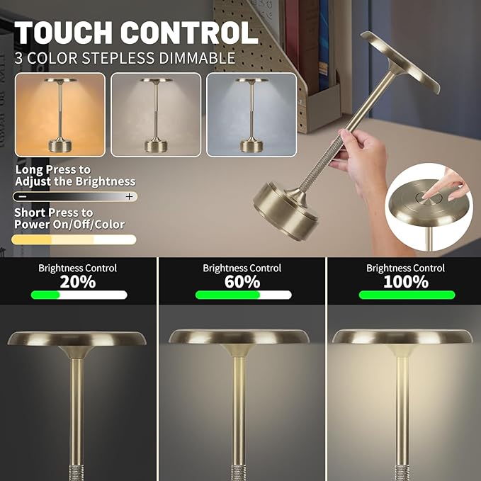 Small Table Lamp With 5200mah Battery - Rechargeable Desk Lamp For Cozy Nights, Usb-C Fast Charging & Stepless Dimming, Cordless Table Lamp With 3 Lighting Modes For Bedroom, Office & Travel(Silver)