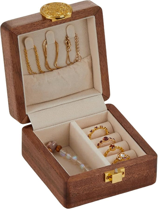 Travel Jewelry Case Wood Small Jewelry Box for Women Wood Jewelry Organizer Storage Holder For Earrings Rings Necklaces Velvet Wooden Jewelry Box With Lock