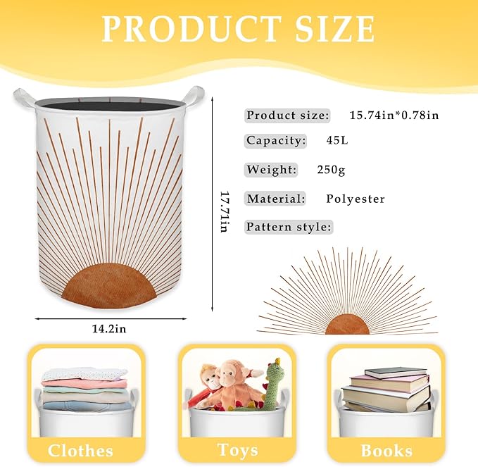 Boho Laundry Basket, Mid Century Modern Boho Terracotta Sun Sunshine Waterproof Collapsible Laundry Hamper Dirty Clothes Storage Toy Bin Organizer for Bathroom Bedroom Nursery Girls Kids Room