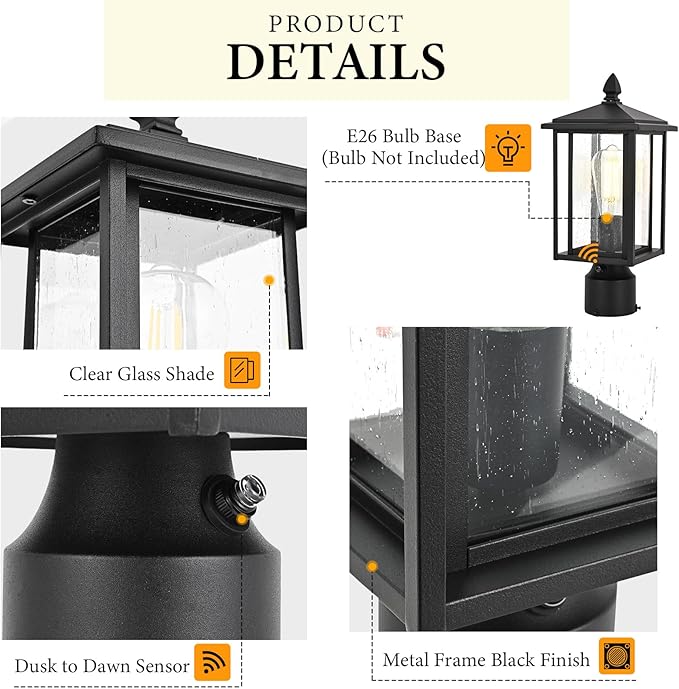 Outdoor Dusk to Dawn Post Light Fixture with Glass, Aluminum Light Post Lamps for Patio, Yard, Garden, Porch