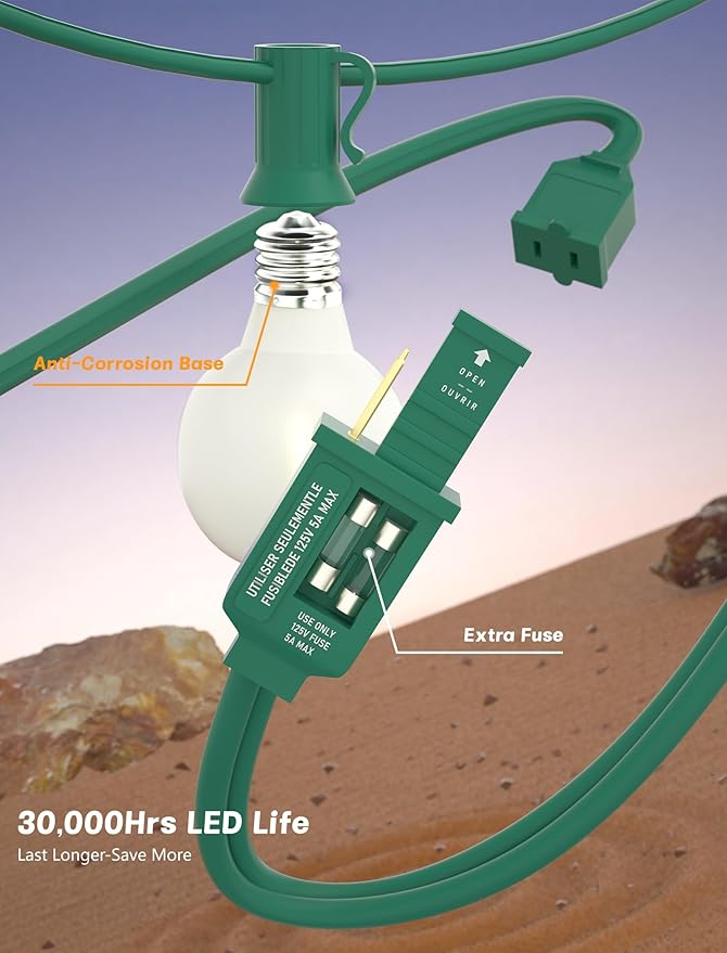 SUNSGNE 25Ft Globe Christmas Lights Outdoor, G40 LED Round Christmas Lights with 27 LED Frosted White Bulbs(2 Spare) for Yard Patio Garden Balcony Bistro Decor, Green Wire