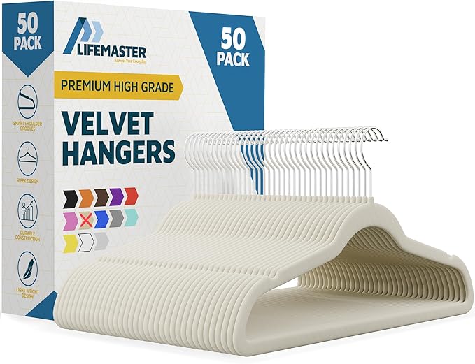 Velvet Non-Slip Hangers - 50 Pieces Non-slip Coat Hanger Set with 360° Swivel Hook, Space-Saving, Sleek Design, Keep Closet Organized, Smooth Velvet Finish, Lightweight Construction - Ivory
