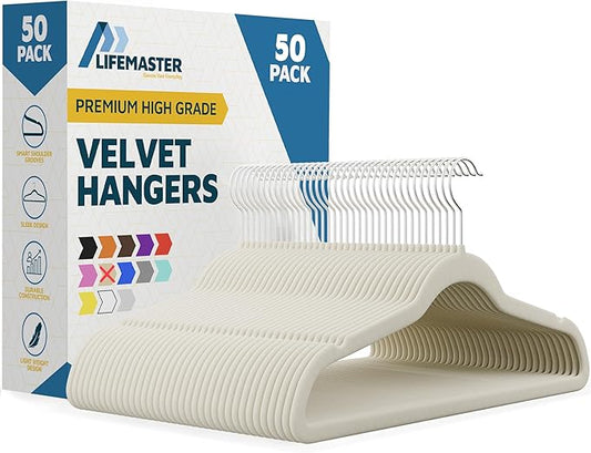 Velvet Non-Slip Hangers - 50 Pieces Non-slip Coat Hanger Set with 360° Swivel Hook, Space-Saving, Sleek Design, Keep Closet Organized, Smooth Velvet Finish, Lightweight Construction - Ivory