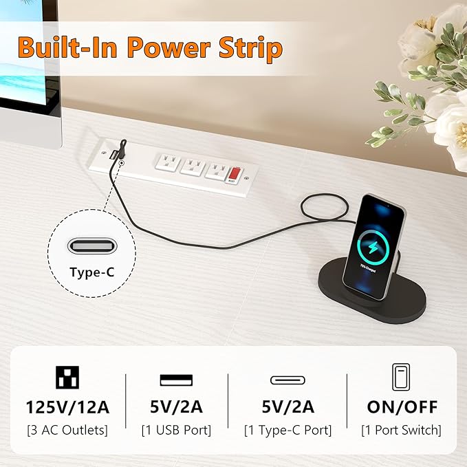 60 Inch Computer Desk with 8 Drawers, Home Office Desk with Power Outlets, Work Study Gaming Desk with 8 Fabric Drawers, White