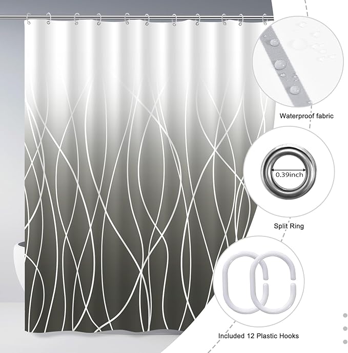 Punkray Ombre Dark Grey Striped Polyester Shower Curtain for Bathroom with Hooks, Shower Curtains for Bathroom, Waterproof Bath Accessories Hotel Style - Machine Washable 72 x 72