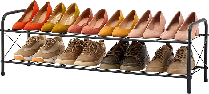 Hoctieon 2 Tier Shoe Rack for Closet, Durable Mesh Style Shoe Rack, Entryway Shoe Shelf, Shoe Storage Organizer for Hallway, Bedroom, Living Room, Wardrobe, Black