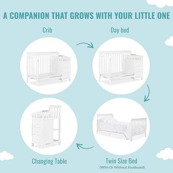 Dream On Me Jayden 4‑in‑1 Mini Convertible Baby Crib & Changer with Storage in White, Pinewood, GreenGuard Gold & JPMA, 1” Mattress Pad, 3 Mattress Heights, Converts to Mini Day & Twin-Size Bed