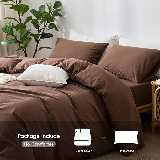 MooMee Bedding Duvet Cover Set 100% Washed Cotton Linen Like Textured Breathable Durable Soft Comfy (Solid Cocoa Brown, Twin 68"x90")