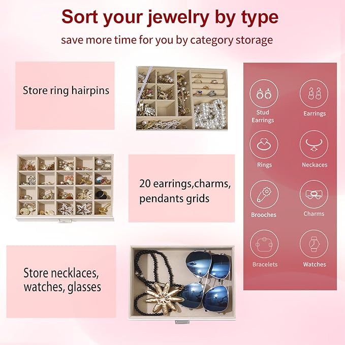 BOOVO Clear Lid Jewelry Box,3 Layers Jewelry Organizer Large Multi-Functional Jewelry Storage Box with 2 Drawers,Jewelry Display Case of Rings Earrings Necklace Bracelets for Women Girls (White)