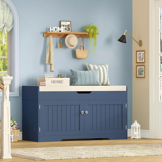 usikey Shoe Bench with Lift Top Storage, Storage Bench with Padded Seat Cushion, Entryway Bench with 2 Adjustable Shelves, for Entryway, Living Room, Bedroom, Blue
