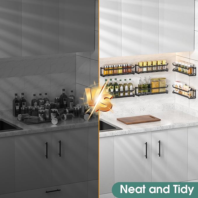 LUCYCAZ 6 Pack Wall Mounted Spice Rack with 22 Hooks, Spice Organizer Shelf for Stove Cabinet Pantry Door,Screw or Adhesive Spice Shelf Hanging Wall Spice Rack in Kitchen and RV (Black, 6 PACK)