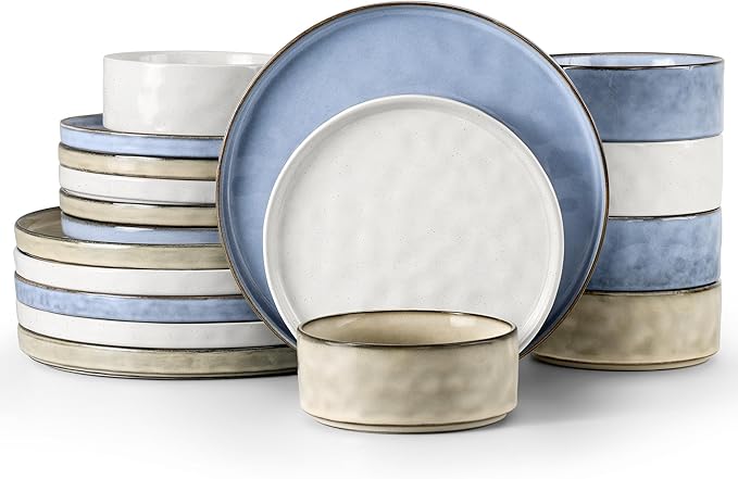 LIANYU 18 Piece Dinnerware Sets for 6, Stoneware Plates and Bowls Dish Set, Ceramic Dinner Ware Dishware for Kitchen Dining, Microwave & Dishwasher Safe, Three-Color