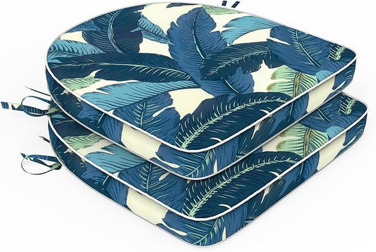 Set of 2 Outdoor Chair Cushions 19"x19"x2",Water Repellent Patio Seat Cushion with Ties and Removable Covers,Dining Chair Cushions for Indoor Kitchen and Patio Furniture,Swaying Palms Blue