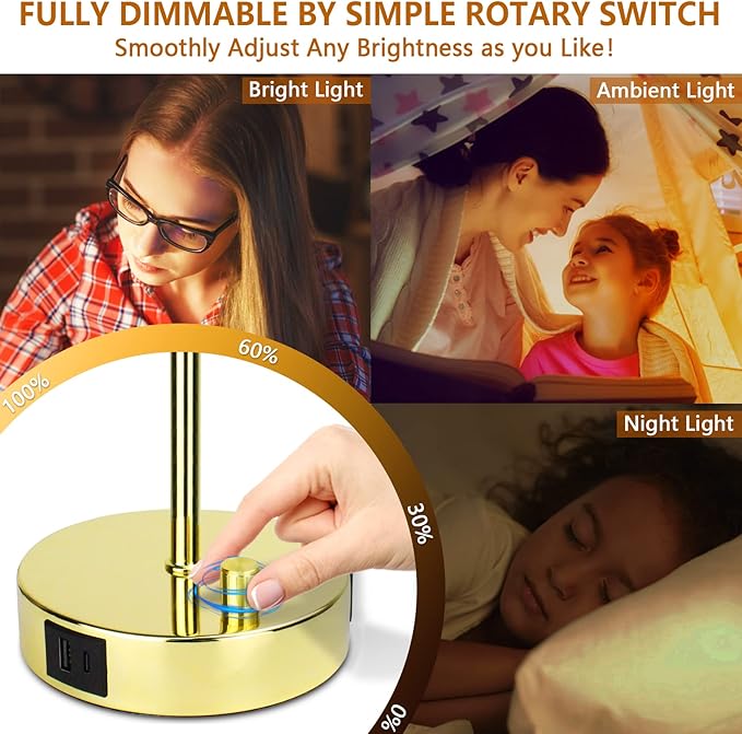 HiBay 17.75" H Dimmable LED Bedside Table Lamp with USB Charging Ports & AC Outlet, Modern Gold Nightstand Light for Bedroom, Office, Living Room, Kids Room, Round Fabric Shade, E26 Bulb Included