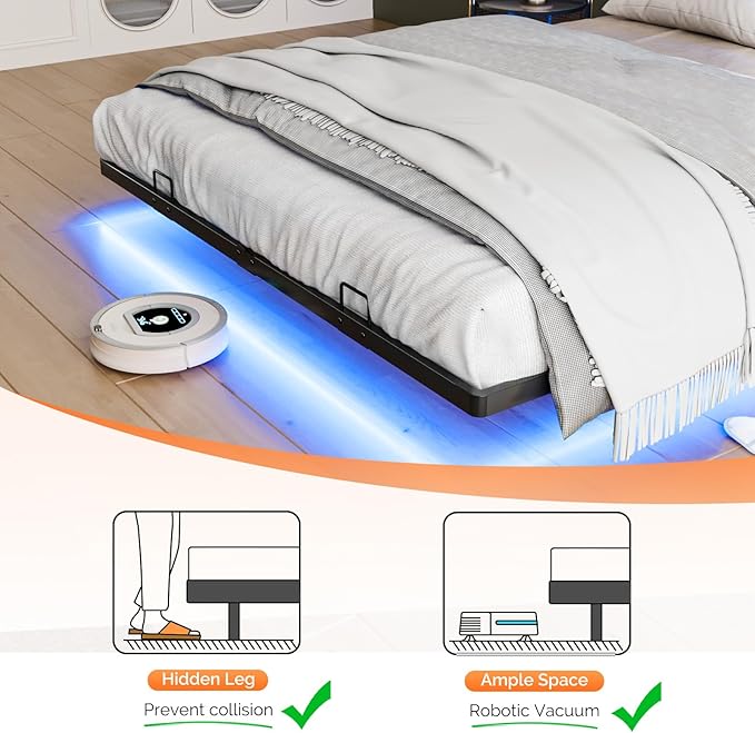 VINGLI Floating Bed Frame Queen with LED Lights and Charging Station,Sturdy Metal Platform Bed,Hidden Storage Velvet Upholstered Headboard,No Box Spring Needed,Easy Assembly