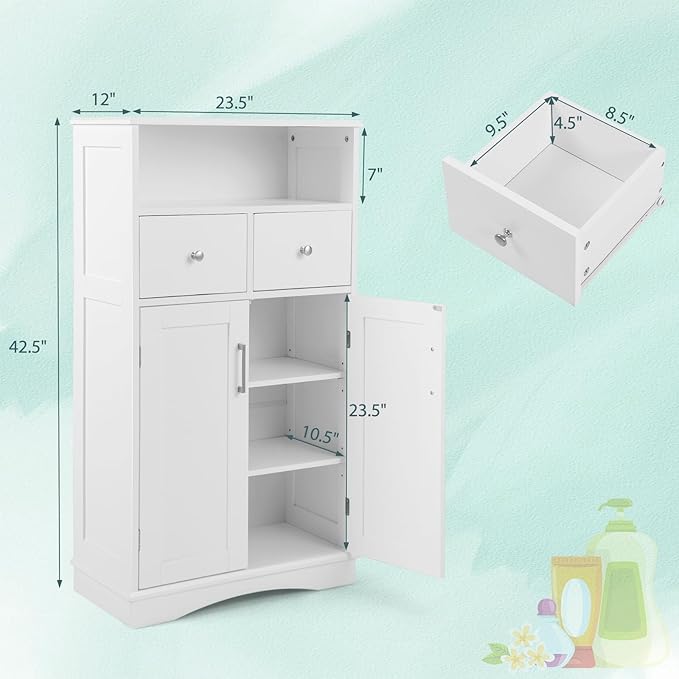 Tangkula Bathroom Cabinet, Freestanding Storage Organizer w/2 Drawers & 2 Doors, 3-Position Adjustable Shelves, Anti-Toppling Design, Floor Cabinet for Bathroom (White, 2 Drawers & Cabinet)
