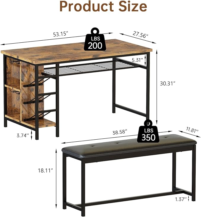 AWQM Space Saving Dining Table Set for 2-4 People, 53" Kitchen Table with 2 Upholstered Bench, Dinner Table with Wine Rack Glass Holder and Storage Shelf, 3-Piece Dinette Table for Small Apartment