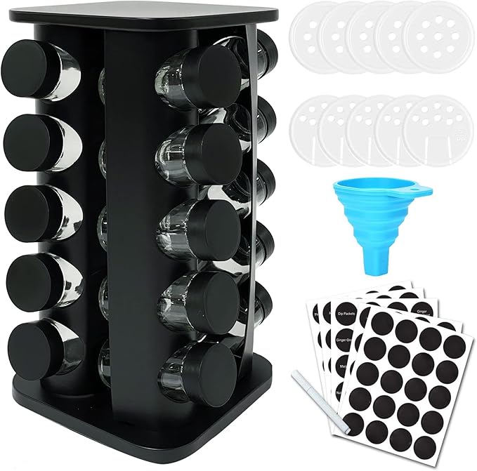 KALINCO Rotating Spice Rack, Spice Rack Organizer for Cabinet, Spice Rack with Jars(20-Jar), Revolving Spice Organizer, Spice Carousel Tower for Kitchen Black