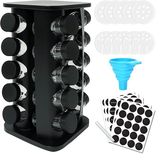 KALINCO Rotating Spice Rack, Spice Rack Organizer for Cabinet, Spice Rack with Jars(20-Jar), Revolving Spice Organizer, Spice Carousel Tower for Kitchen Black