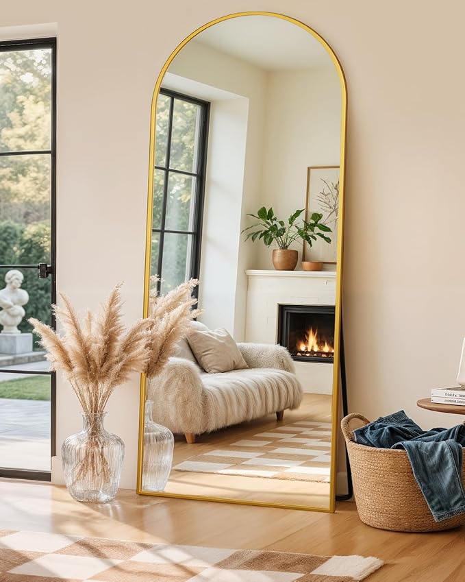 Full Length Mirror with Stand, 64"x21" Arched Full Body Mirror, Large Stand Up Aluminum Frame Floor Freestanding Hanging Leaning Mounted for Bedroom Living Room Entryway Gold