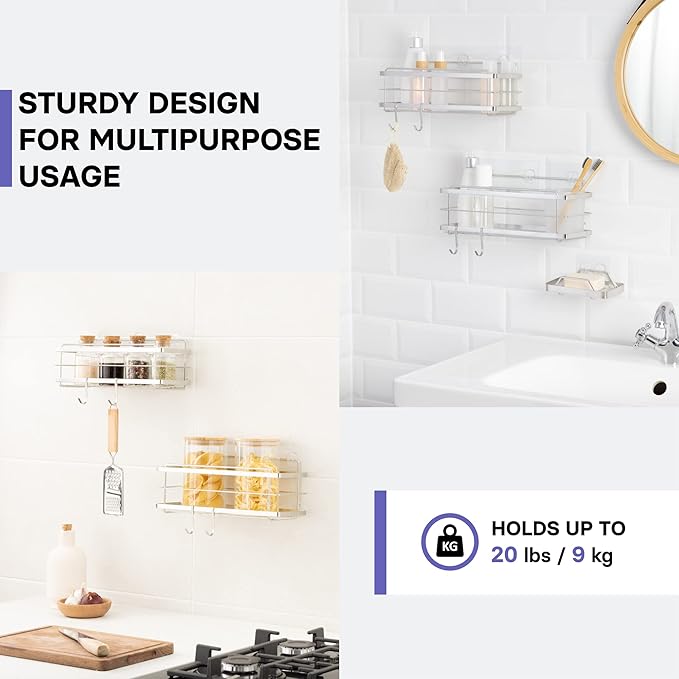 KINCMAX Premium Shower Caddy with Soap Holder, 2-Pack Adhesive Organizer, No Drill Bathroom Shelves, Rustproof Stainless Steel Shelves for Inside Shower, Storage Rack, Silver