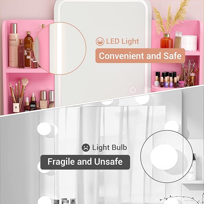 Armocity Vanity Desk with Mirror and Lights, Makeup Vanity with 2 Storage Drawers, Makeup Desk with 3 Color Lighting Options, Modern Dressing Table with Storage Shelf for Bedroom, Pink