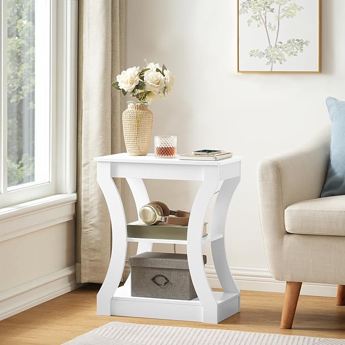 End Table with Charging Station, Set of 2, Side Table with USB Ports and Outlets, 3 Tier Nightstand with Storage Shelf for Small Spaces, Living Room, Bedroom, White ETWT53E01S2