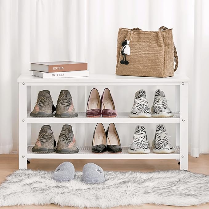 Apicizon White Shoe Rack, 35.5 Inches 3-Tier Shoe Rack for Entryway with Long Seat and Metal Shelves for Garage, Entryway Bench for Hallway Front Door, Mudroom, Doorway, Living Room, Bedroom