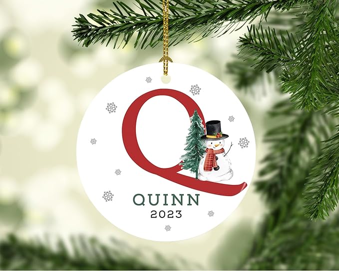 Andaz Press Personalized Ornament, Custom Name, Initial Q Monogram Snowman 2.8" Ceramic Porcelain 2025 Christmas Ornament Keepsake for Kids, Boys, Girls, Includes Gold Ribbon & Gift Box, 1-Pack