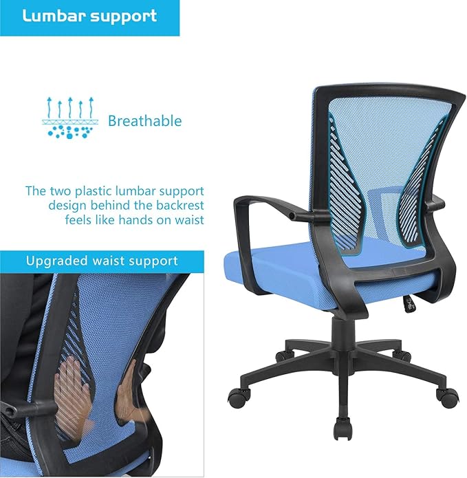 Furmax Office Chair Ergonomic Computer Desk Mesh Chair Mid Back Swivel Lumbar Support with Armrest (2, Blue)