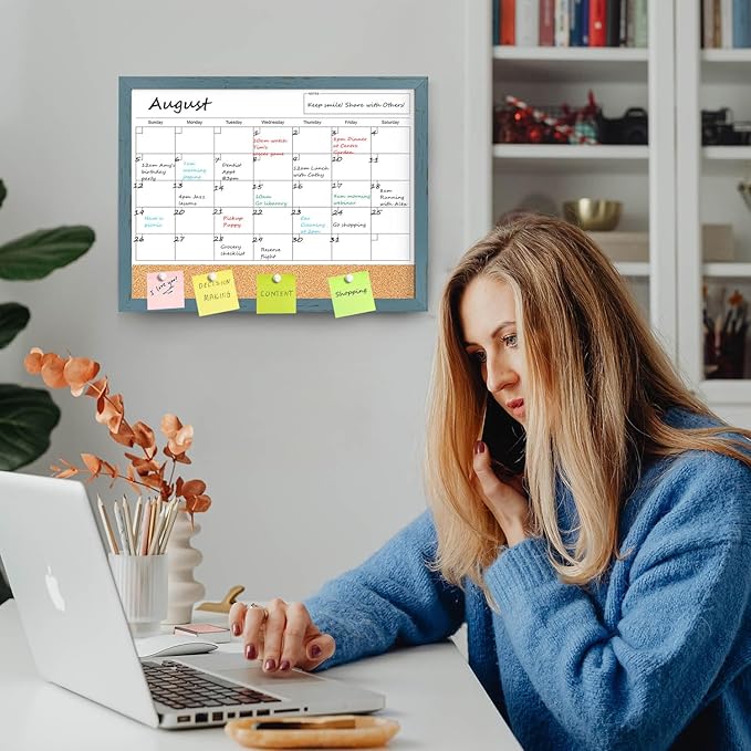 Whiteboard Calendar & Corkboard for Wall, 17x13 Inches Dry Erase Monthly Calendar with Wood Framed, Magnetic White Board Cork Board Combo, Bulletin Board for Home Office Kitchen Memo Planner