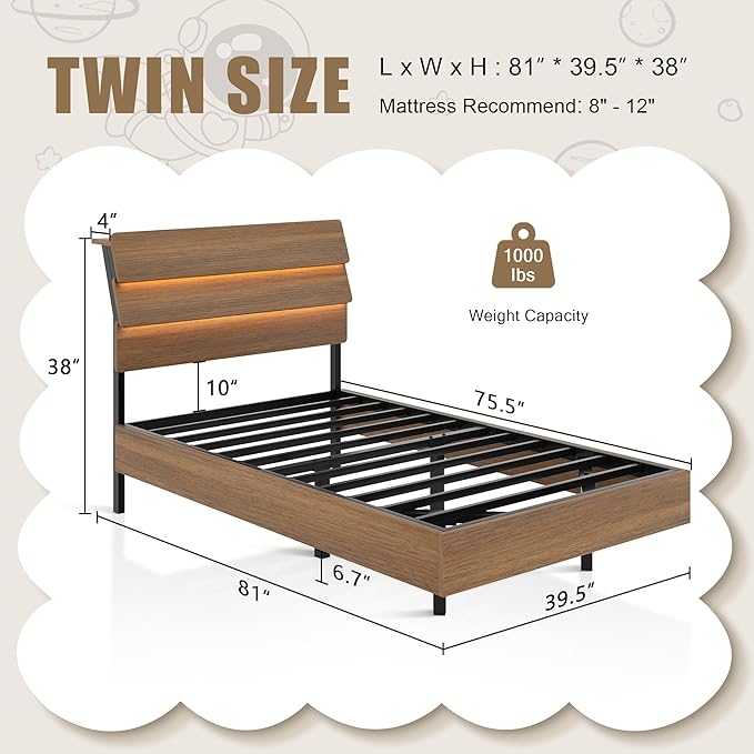 Twin Bed Frames with LED Light and Charging Station, Floating Wooden Bed Frame, Heavy Duty Metal Slats, No Box Spring Needed, Noise Free, Easy Assembly, Walnut