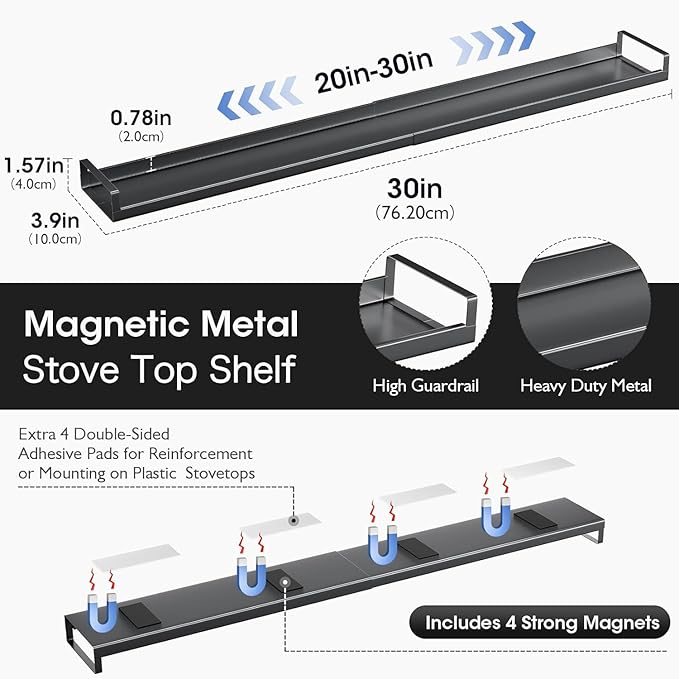 Bumusty 4X Strong Magnetic Shelf for Stove Top, 30" Adjustable Oven Shelf Spice Rack Over the Stove, Seasoning Organizer Kitchen Shelves, Matte Black