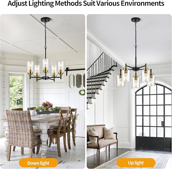 9MMML 5 Lights Glass Chandelier,Modern Kitchen Island Lighting Black and Gold Metal Dining Room Light Fixture for Living Room Foyer,E26