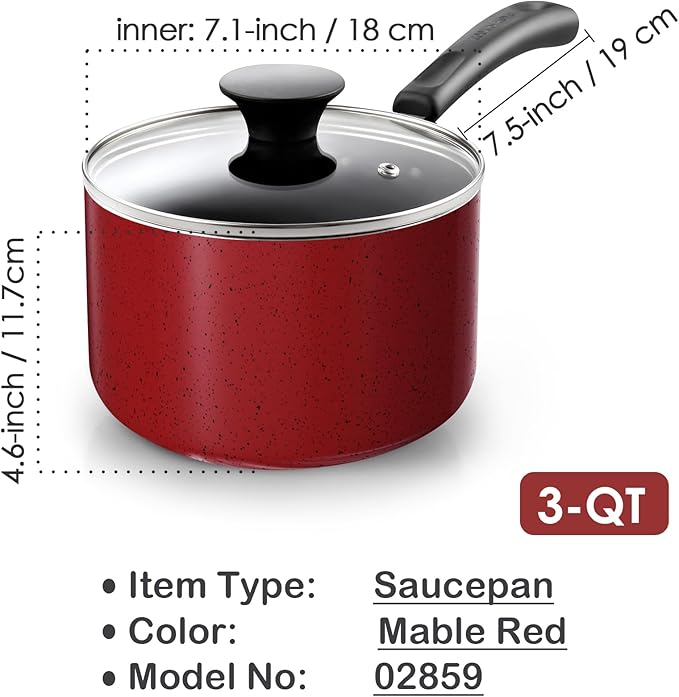 Cook N Home Non Stick Sauce Pan, 3 Quarts Saucepan with Glass Lid, Nonstick Small Multi-purpose Pot, Milk Chocolate Aluminum Cooking Pot Pan with Stay-Cool Handle, Marble Red