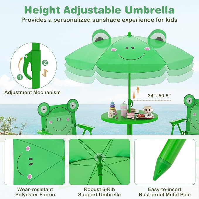 Costzon Kids Picnic Table, Kids Outdoor Table with 2 Folding Chairs, Height Adjustable Umbrella, Portable Children Outdoor Furniture for Patio, Garden, Backyard (Green)