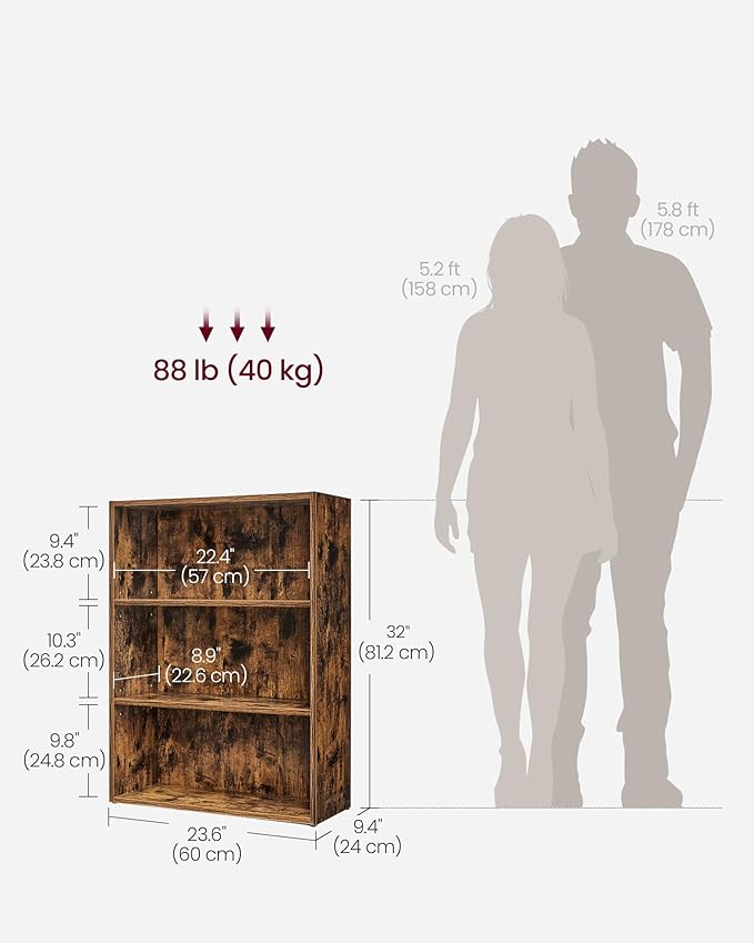 VASAGLE CUSTOS Collection - Bookshelf, 3-Tier Bookcase, Book Shelf, Open Storage Shelf, 9.4 x 23.6 x 32 Inches, for Living Room, Home Office, Dinning Room, Rustic Brown ULBC163X01