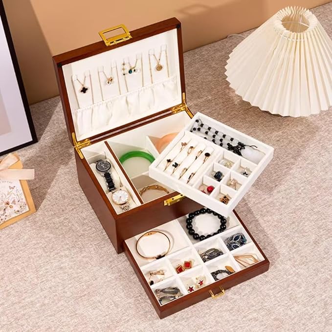 Bescott 3 Layer Solid Wooden Jewelry Box for Women Real Wood Vintage Jewelry Organizer Storage for Earrings Rings Necklaces Bracelet Watch Men